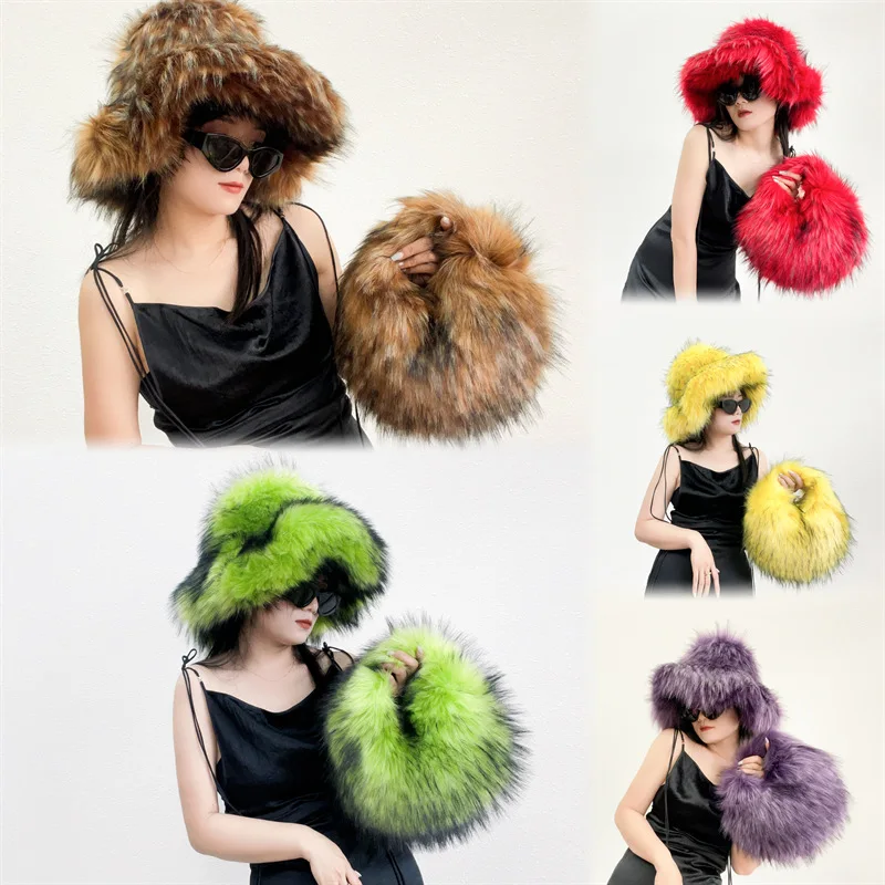 Y2K Millennium Girl Autumn Winter Fur Hats Handbag Sets for Women Men Girl Thick Hip Pop Furry Fluffy Faux Fur Hat Winter Bag