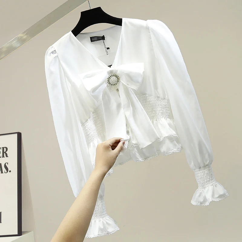 

Элегантная шифоновая блузка с большим бантом, украшенным стразами, на эластичной талии, модный корейский дизайн, V-образный вырез, длинный рукав