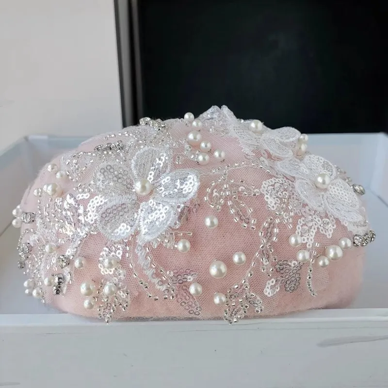 202406-shi ins chic winter Independently designed sequin flower pearl lace  pink wool lady beret hat women Leisure painter cap