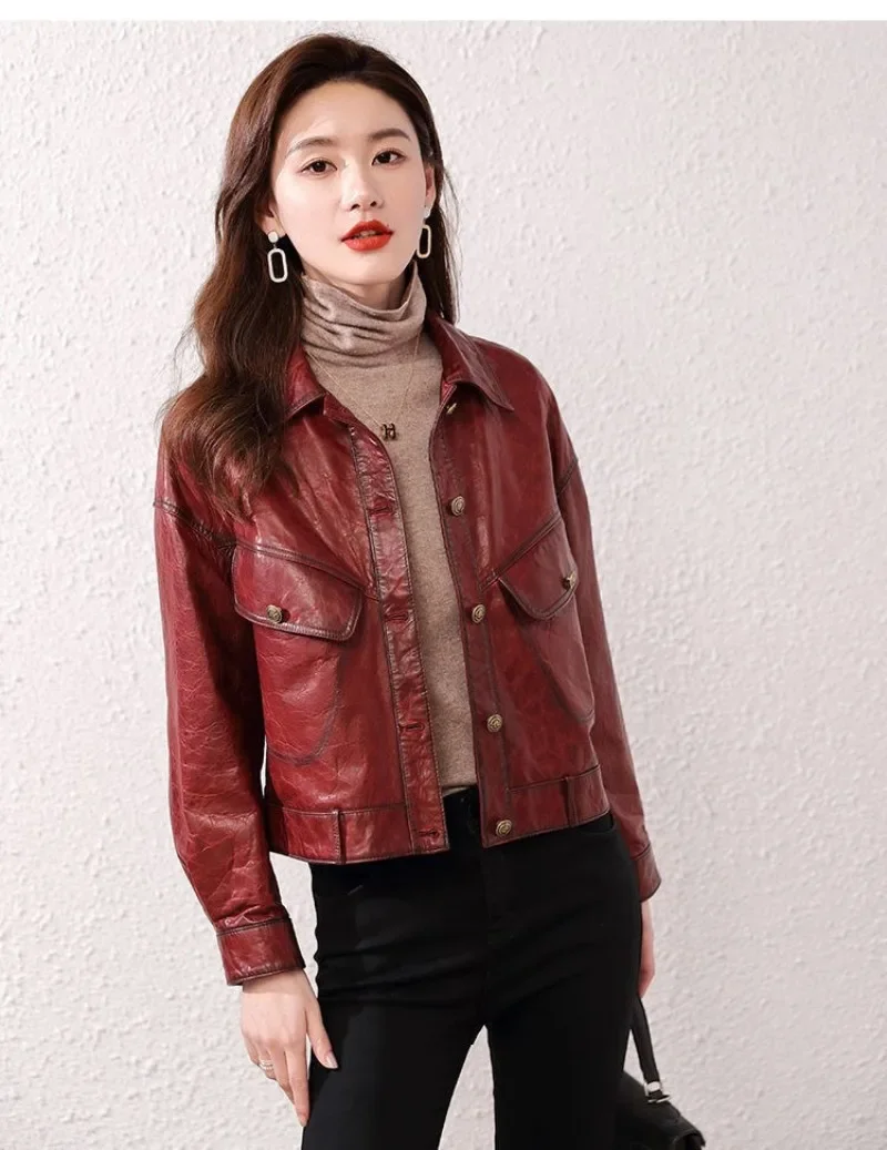 Spring Autumn Natural Leather Jacket Women 2023 Wine Red Fashion Real Sheepskin Oil Wax Leather Coat Female Clothing Veste Femme