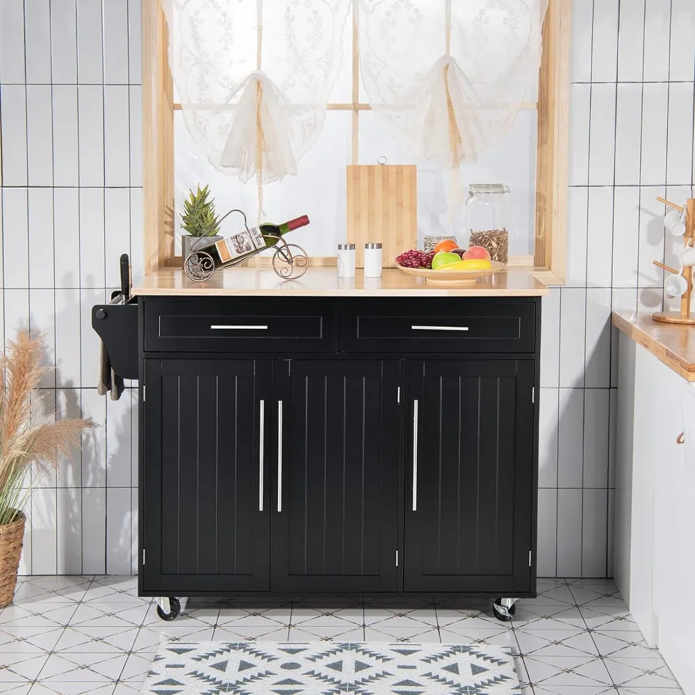 Kitchen Island Cart, Rolling Trolley with Lockable Casters, 2 Large Drawers, 3 Door Storage Cabinet, Towel Handle, Knife Block