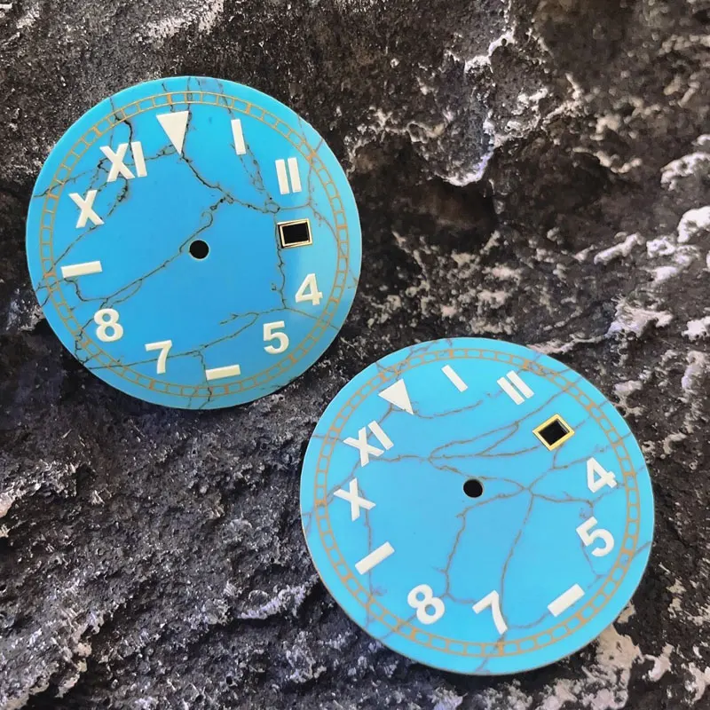 Watch Parts 34.5mm Blue Turquoise Watch Dial Roman Numerals Luminous Marks Date Window Suitable For ETA 2824/SW200 Movement