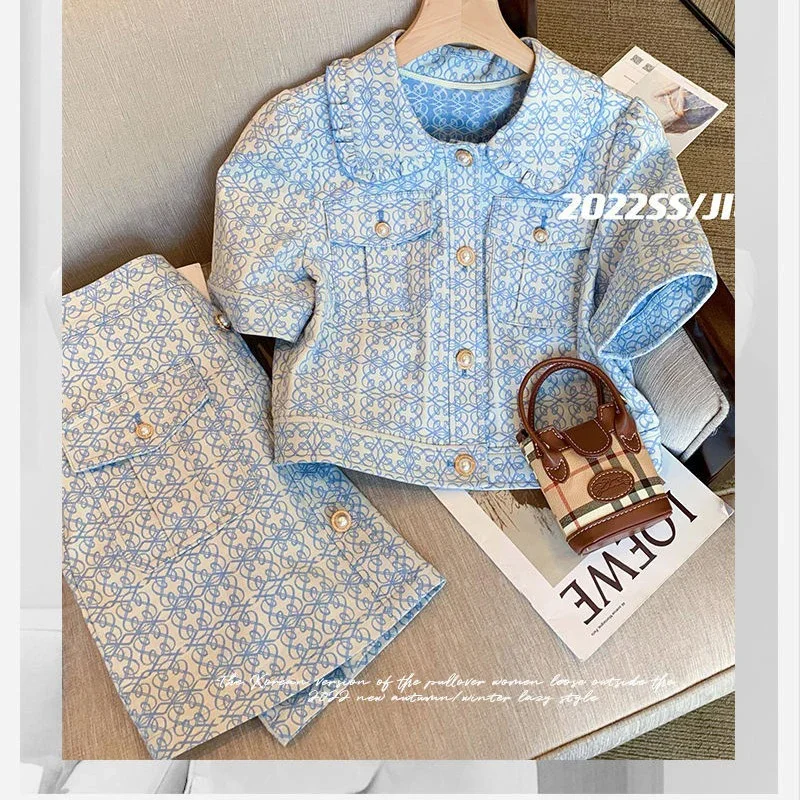 Blue Printed Two Piece Women Sweet Puff Sleeve Single Breasted Short Jacket + Mini High Waist A-Line Skirt Suit Summer OL