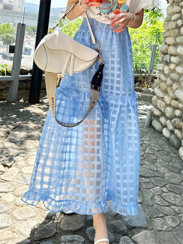 REALEFT Elegant Mesh Women's Long Skirts 2023 Spring Summer New High Waist Solid Ruffles Chic A-Line Skirts Female