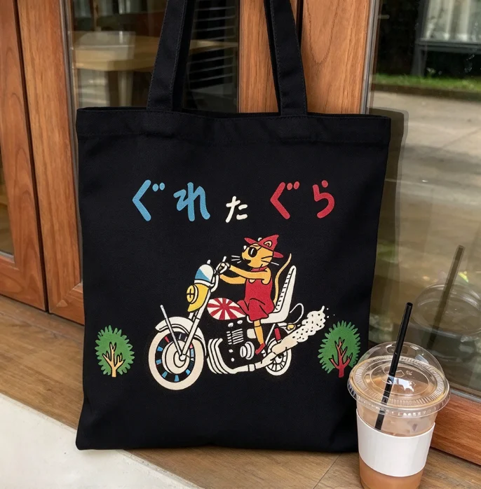 2026 new Canvas Tote Bag Cartoon Cat Riding Motorcycle Print Large Capacity Shoulder Bag Women Casual Daily Shopping Handbag