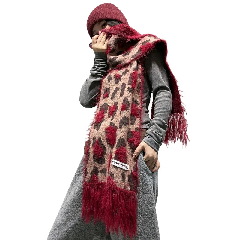 Fashion Design Leopard Wool Blend Scarf Women Autumn Winter Y2K Style Muffler Imitation Cashmere Shawl Korean Thick Warm Scarf