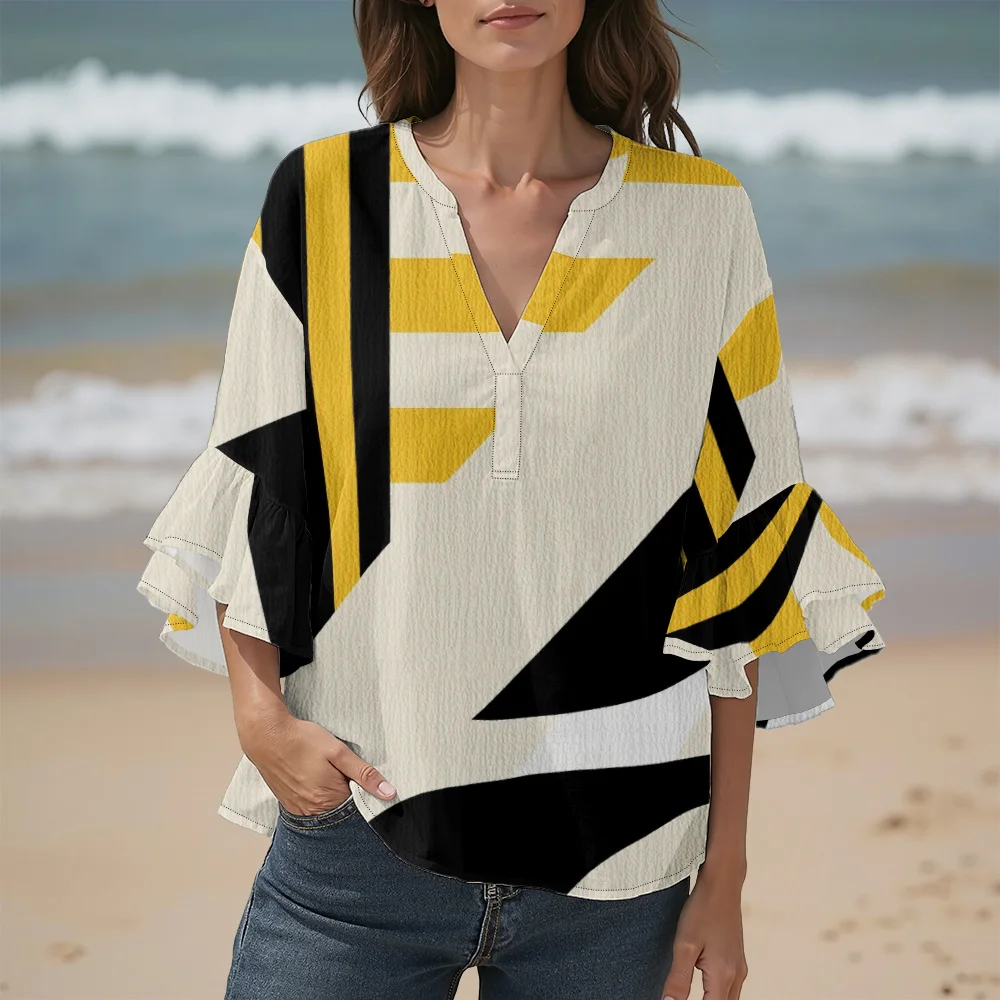 

Abstract Geometric Print Shirt Women's Loose 3/4 Ruffle Sleeve V-Neck Blouse Modern Boho Chic Beachwear and Casual Fashion Top
