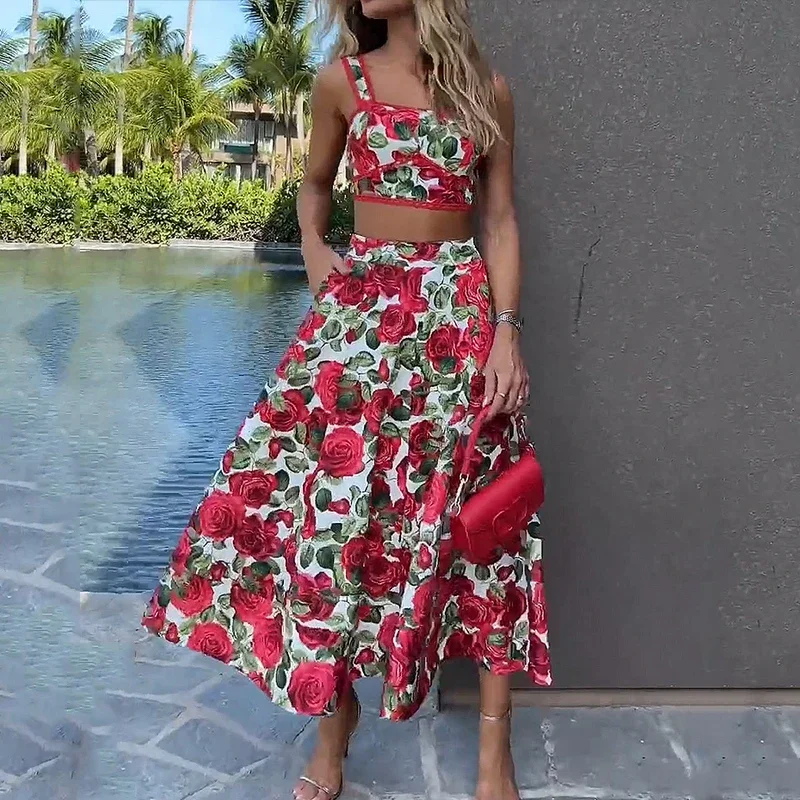 Wefads Two Piece Set Women Elegant Chic Rose Printed Strappy Square Neck Sleeveless Backless Top Loose Long Skirt Set Streetwear