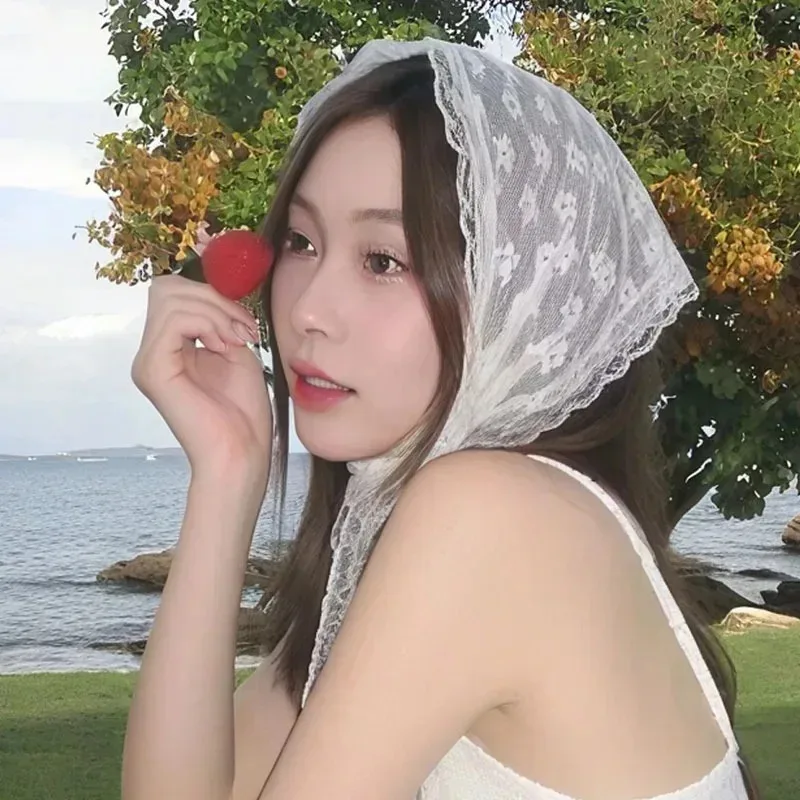 Y2K Kawaii وشاح دانتيل مثلث عقال الكورية عمامة الرقبة التفاف متعدد الاتجاهات الحلو موضة صور ملحق للنساء الفتيات لطيف