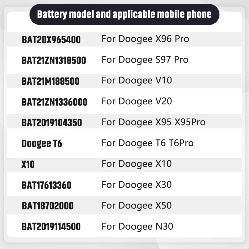 XDOU BAT20X965400 BAT21M188500 BAT2019104350 BAT17613360 Battery For Doogee T6 X10 V10 V11 V20 X30 N30 X50 X95 X96 S97 Pro