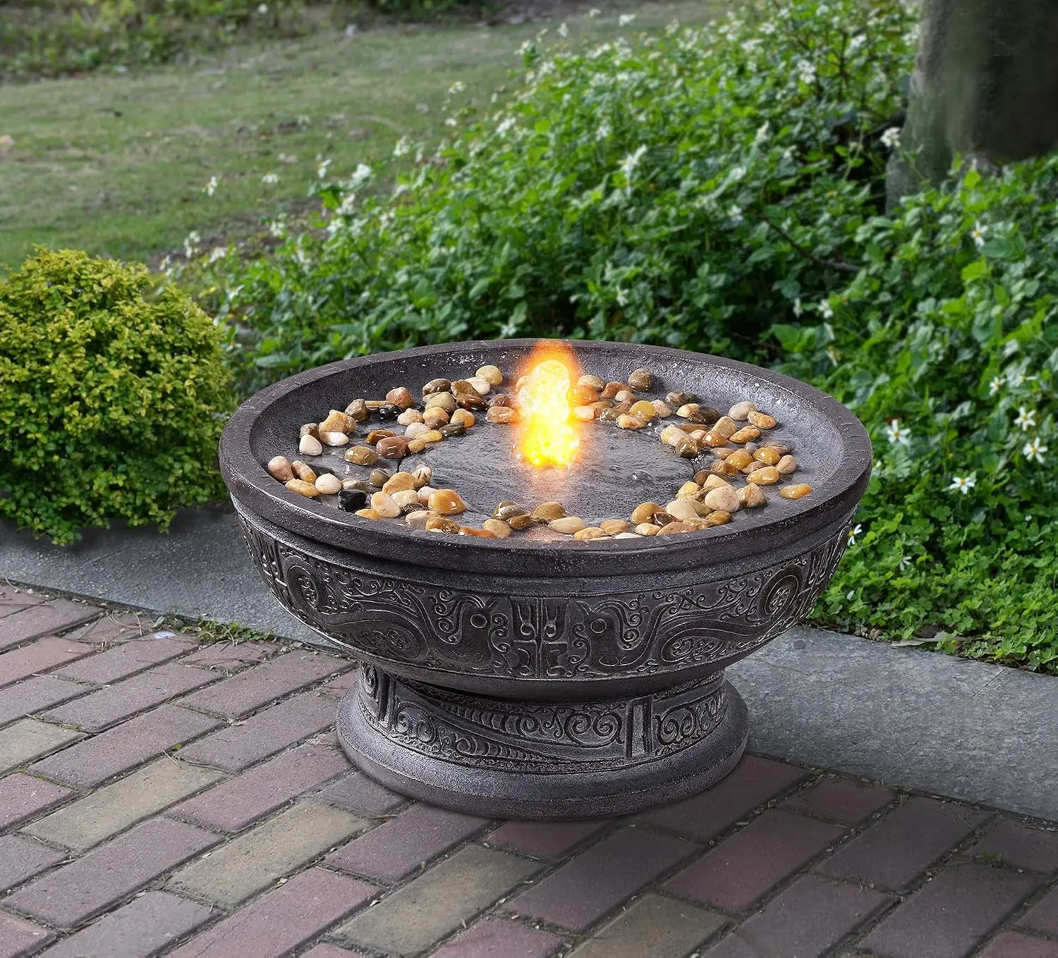 Outdoor Water Fountain Led Light Decorative Pedestal Bowl Design River Stones Home Decoration Modern Garden Fountain Patio Decor
