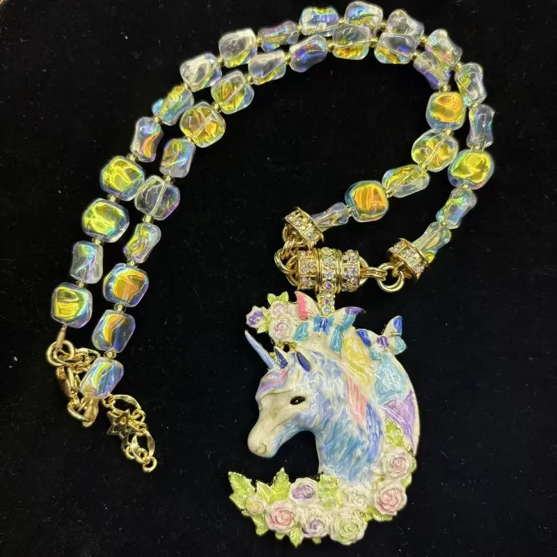 Medieval Vintage Flower Unicorn Pendant Vintage Animal Enamel Drop Glaze Unicorn Magnetic Medieval Necklace