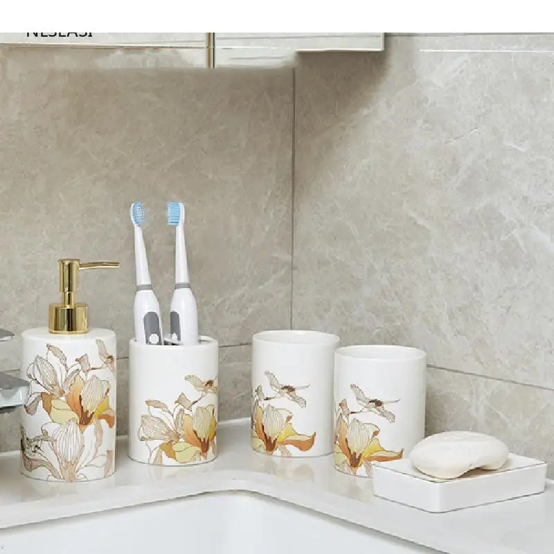 

Chinese Style Flower Pattern Ceramics Home Bathroom Accessories Set Toothbrush Holder Liquid Soap Dispenser Soap Dish Gargle Cup