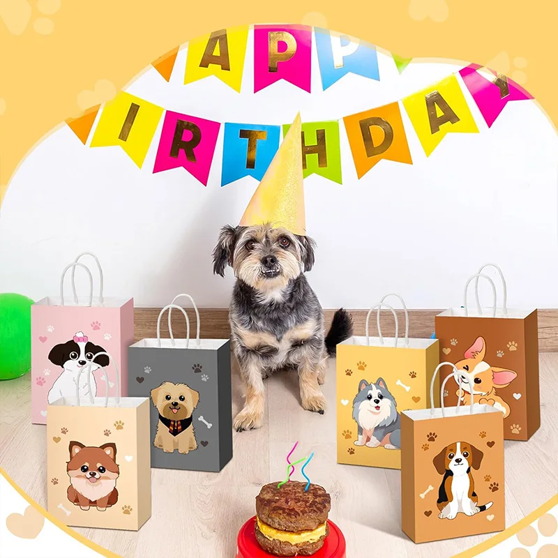 6/12/24 Pcs Cute Puppy Paper Bag with Handle Dog Birthday Party Candy Treat Bag Kid Birthday Party Favor Goodie Bag Pet Adoption