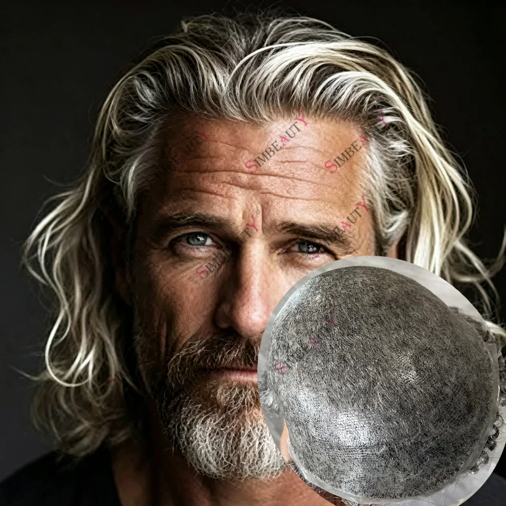 Undetectable Men's 28mm Natural Curly 1b50 1b80 Grey Old Man Capillar Prosthesis Human Hair Toupee Durable Skin Natural Hairline