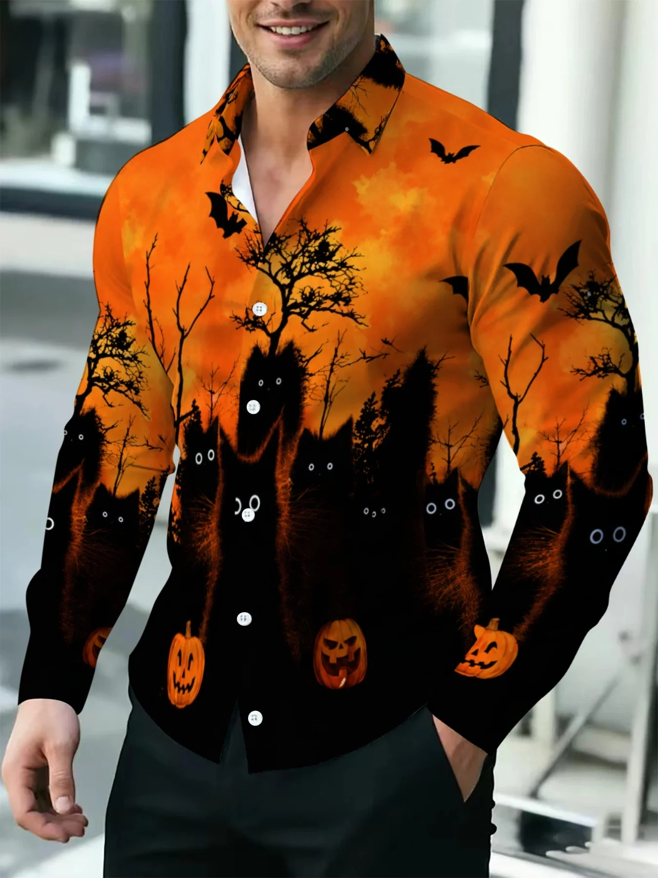 Men Long Sleeve Button Down Shirt Orange‑Black Halloween Ghost Bat Pumpkin Print Polyester Lapel Collar Party