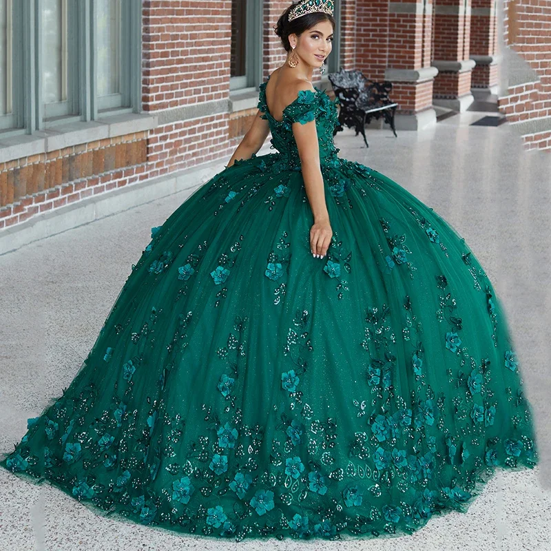 Emerald Hunter Green Flower Vestidos De 15 Años Quinceañeras Dresses 2024 3D Flowers Beaded Luxury Birthday Princess Ball Gowns