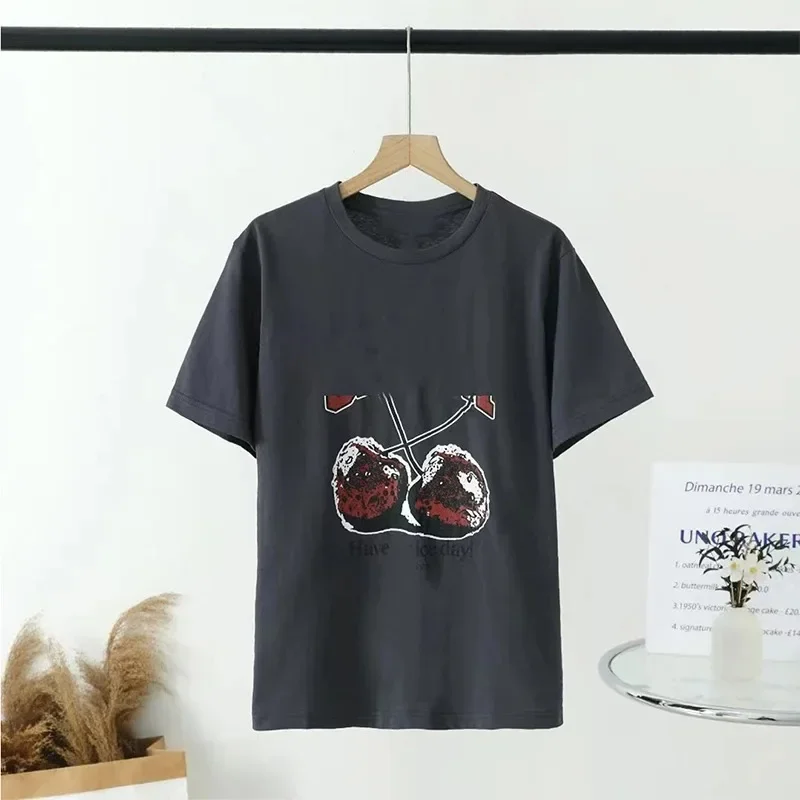 2025 نموذج جديد 2025 صيف جديد تي شيرت مع طباعة للنساء فضفاض الجولة الرقبة تي شيرتات قصيرة الاكمام ل ملابس الشارع أنيقة غير رسمية Anim