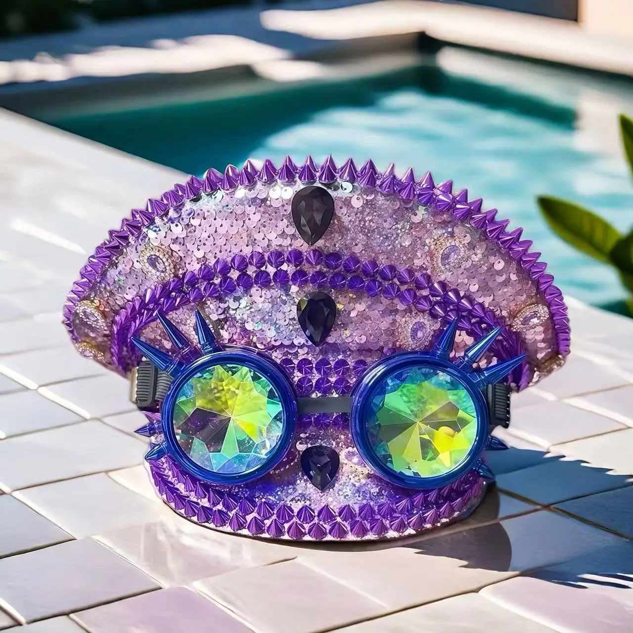 

HongLuan Colourful Captain Hat Rhinestone with Goggles for Burning Man Festival, Rave Festivals Accessories & Party Hat Woman