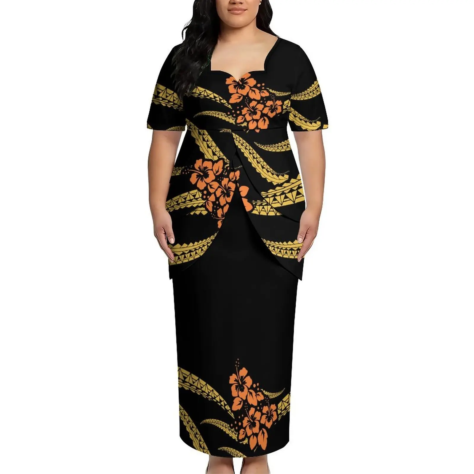 Beach Party High-Definition Pattern Customization Puletasi Flower Petal Double-Tiered Fringed Skirt Set High Quality Polynesian