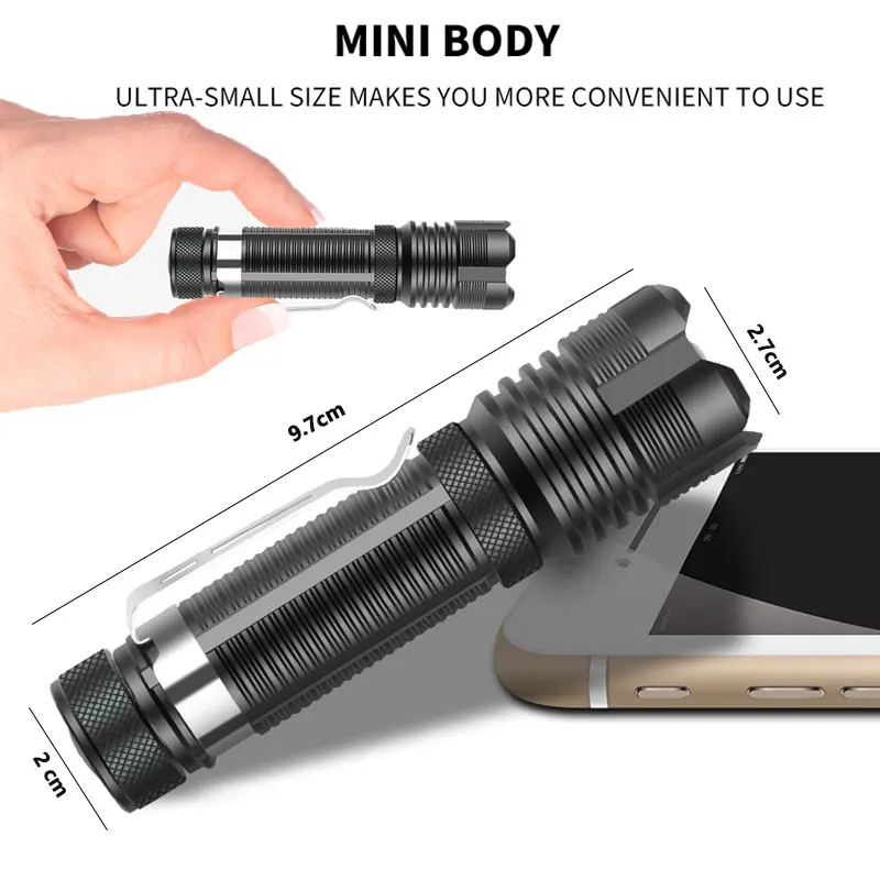 MINI XHP50 LED Flashlight Use 14500 Battery Support Zoom 5 Lighting Modes Waterproof Torch Suitable for adventure camping etc.