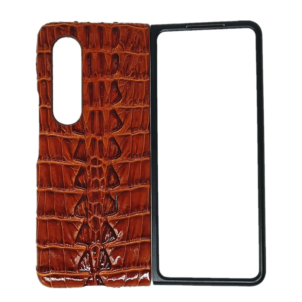 Genuine Cowhide Leather Phone Case for Samsung Galaxy Z Fold5 Fold 5 4 3 Classic 3D Crocodile Alligator Texture Armor Back Cover