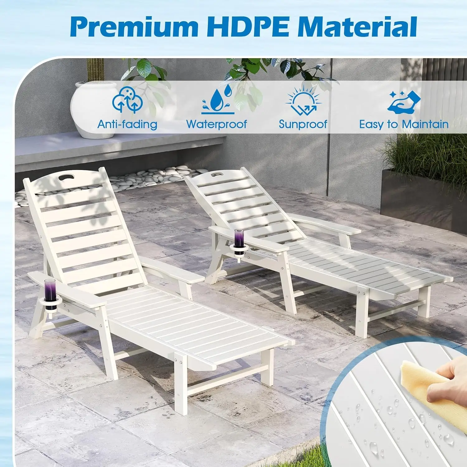 Oversized Outdoor Lounge Chair with 4-Position Backrest, Rotatory Cup Holder, Weatherproof HDPE Chaise, White, Customized