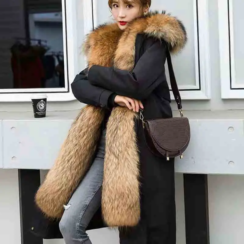 Winter New Knee-length Hooded Loose Slim Female Raccoon Fur Coat Lined with Detachable Fur Warm and Casual Coat Female 5XL Parka