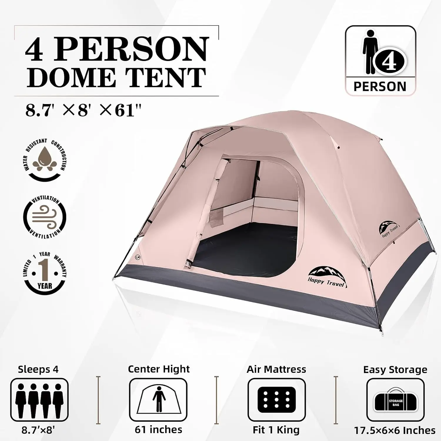 ^Camping Tent, 4 Person Dome Tents for Camping with Rainfly | Waterproof Clip Easy Setup Portable Family Tent with Mesh