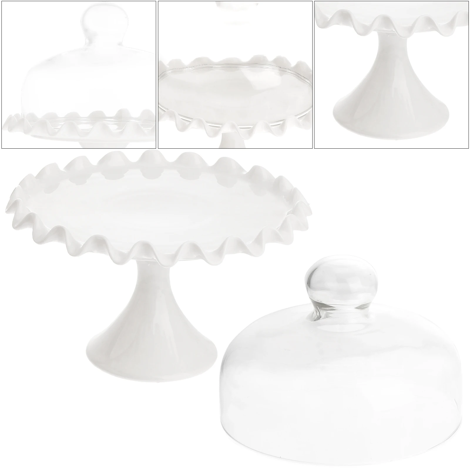 

Premium Food Safe Glass Lid Cake Plate Transparent Cover with Stylish Ceramic Tray Set for Snacks and Desserts
