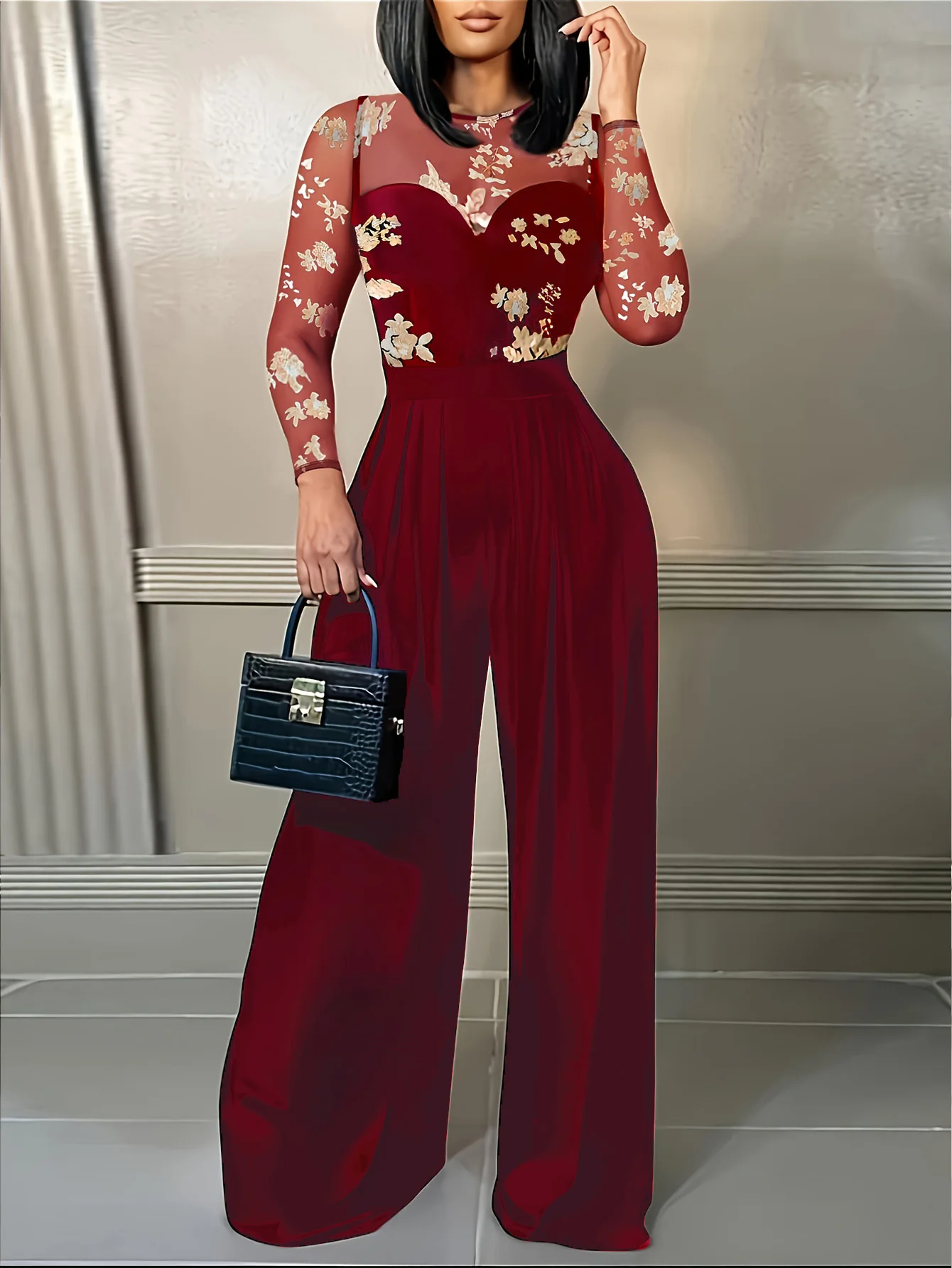Floral Embroidered Mesh Panel Jumpsuit Long Sleeve Wide Leg Elegant Woman Clothes with Multiple Colors for Party