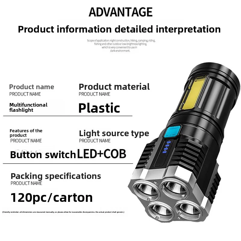 4-LED-Bead Multi-Functional High-Power Flashlight: With COB Side Light, Suitable for Outdoor & Home Use, Portable