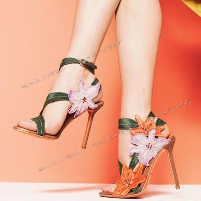 Abesire Orange Green Flower Decor Sandals for Women Mixed Color Ankle Buckle Thin High Heels Women Shoes on Heels Wedding Shoes