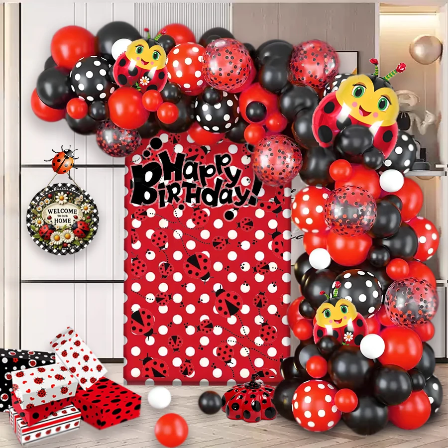 105-teiliges Ballonset mit Marienkäfer-Motiv, rot und schwarz gepunktet, bestehend aus Marienkäfer-förmigen Ballons und gepunkteten Latexballons, Suita