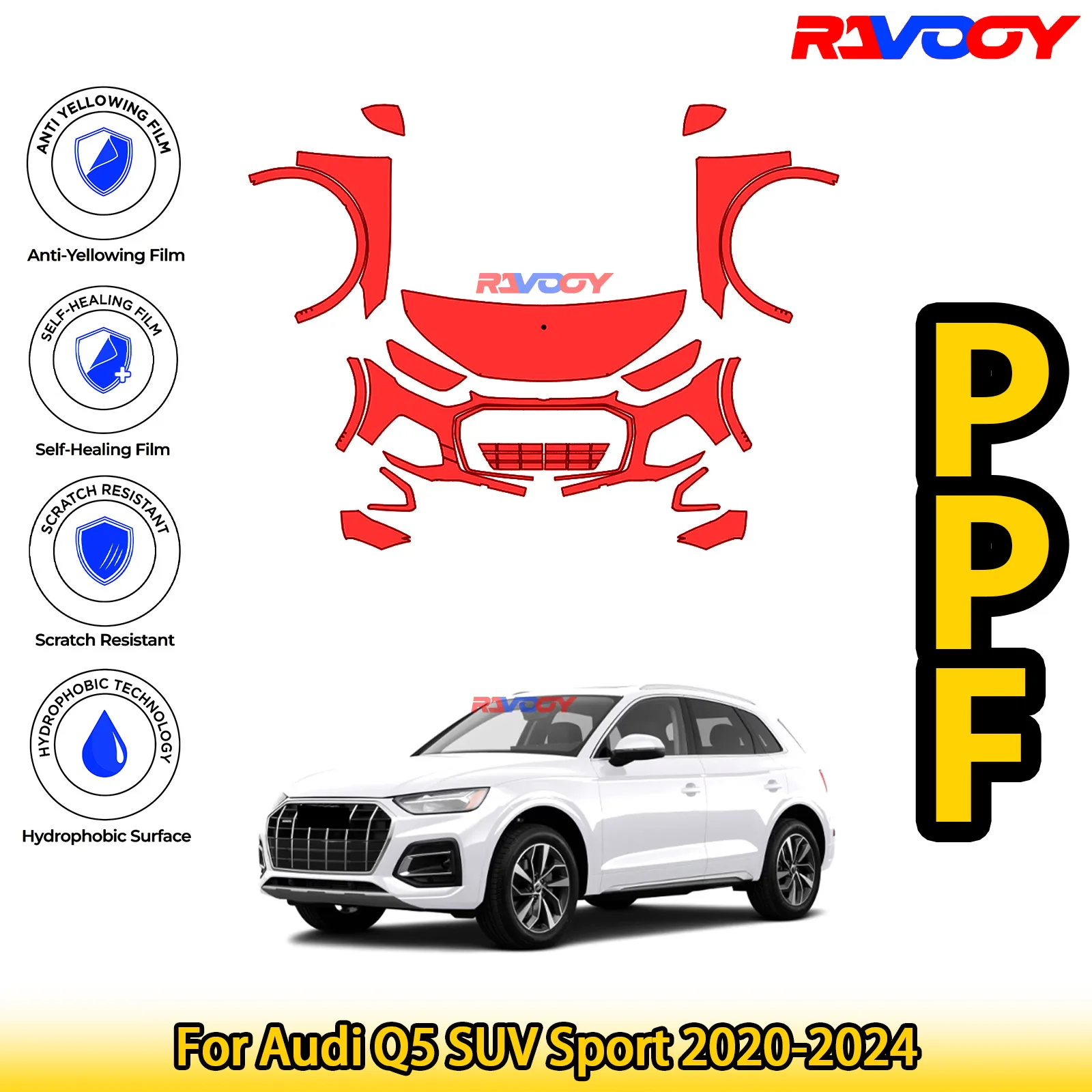 

Для Audi Q5 SUV Sport 2020-2024 глянцевая матовая черная предварительно вырезанная передняя защитная пленка PPF для защиты от краски