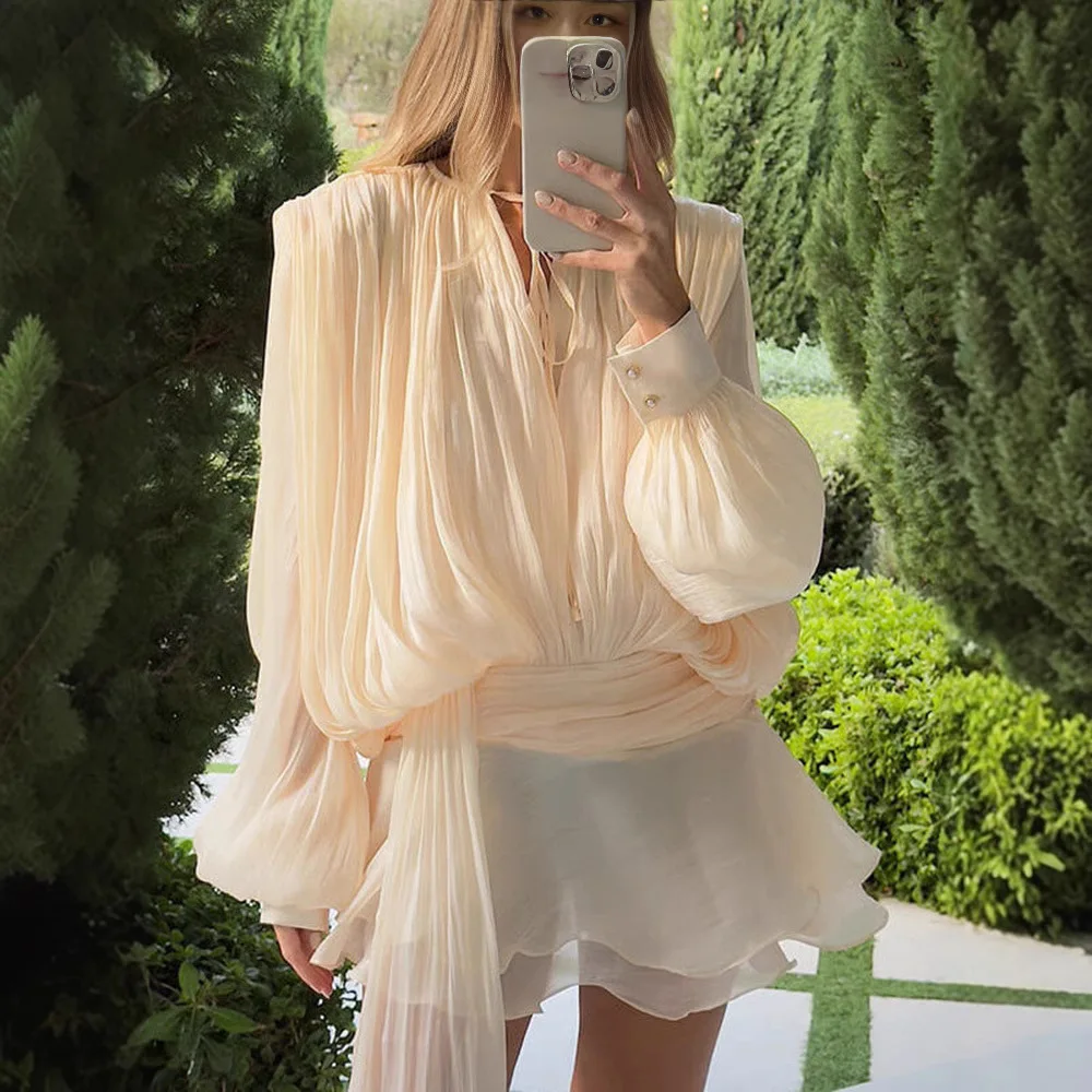 

Spring new style lazy style mesh bubble sleeve short skirt pleated ruffled short dress set