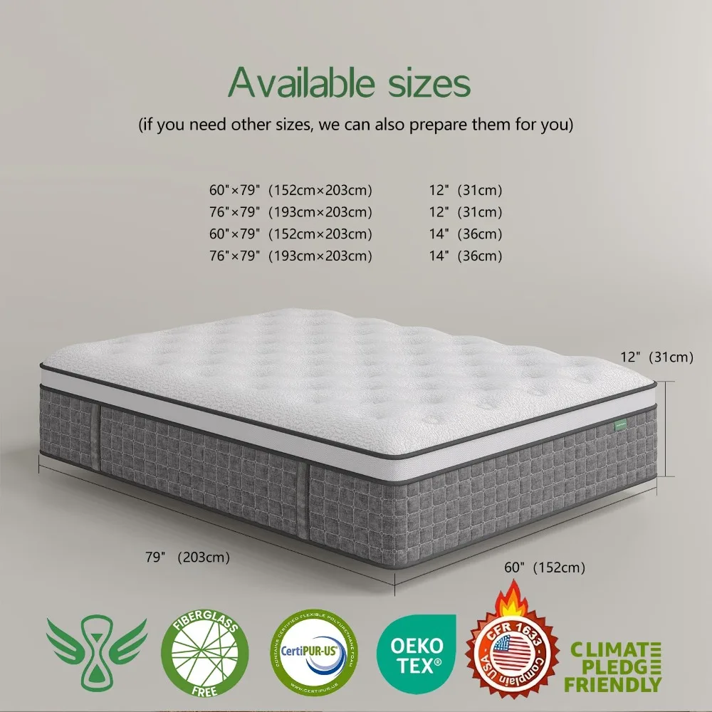 Queen Size Mattress, Medium Firm 14 Inch Hybrid Mattress Queen Size in a Box - Memory Foam & Pocket Springs for Back