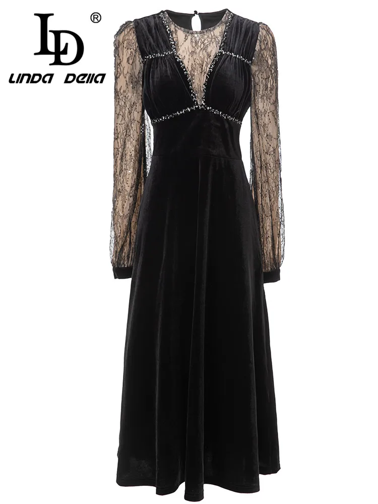 

LD LINDA DELLA Autumn New Style Fashion Designer Dress Women's Black Hollow Out Lace Sequin Beading Splice Dress