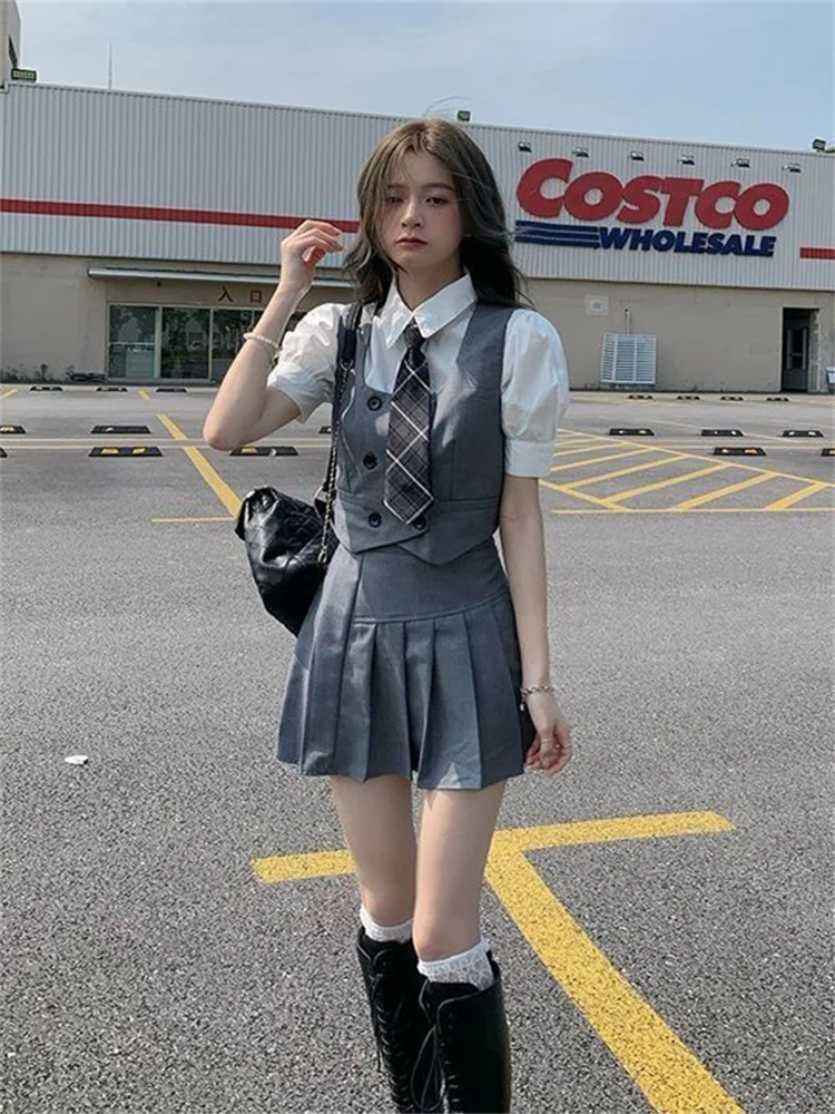Summer Short Skirt Suits Women sexy fashion Neck T-shirt + Vest + High Waist Pleated Skirt 2023 New Korean Three-piece Trend