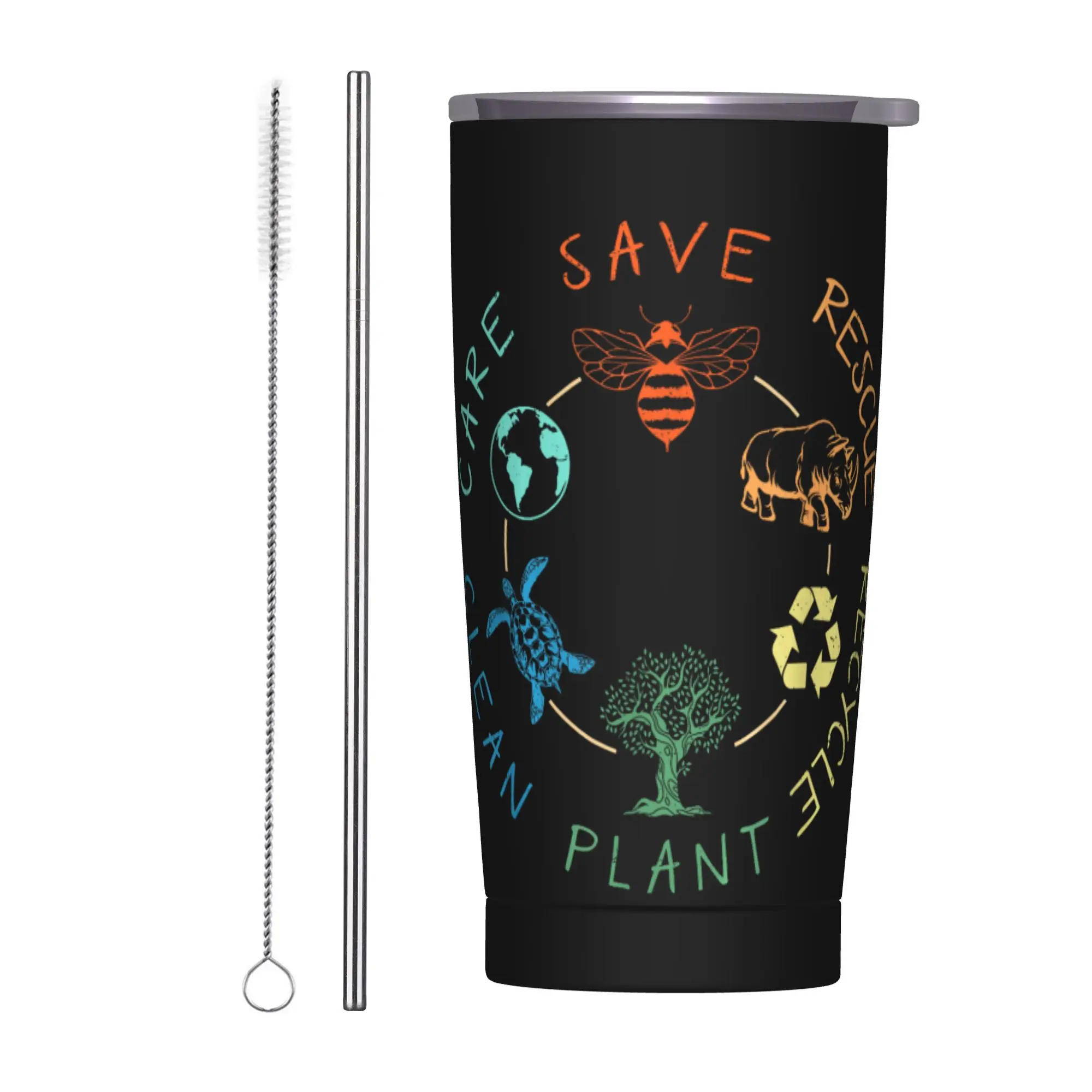 Stainless Steel Tumbler Save Bees Rescue Animals Recycle Earth Day Coffee Mug Portable Cold Drink Car Mugs Camping Water Bottle