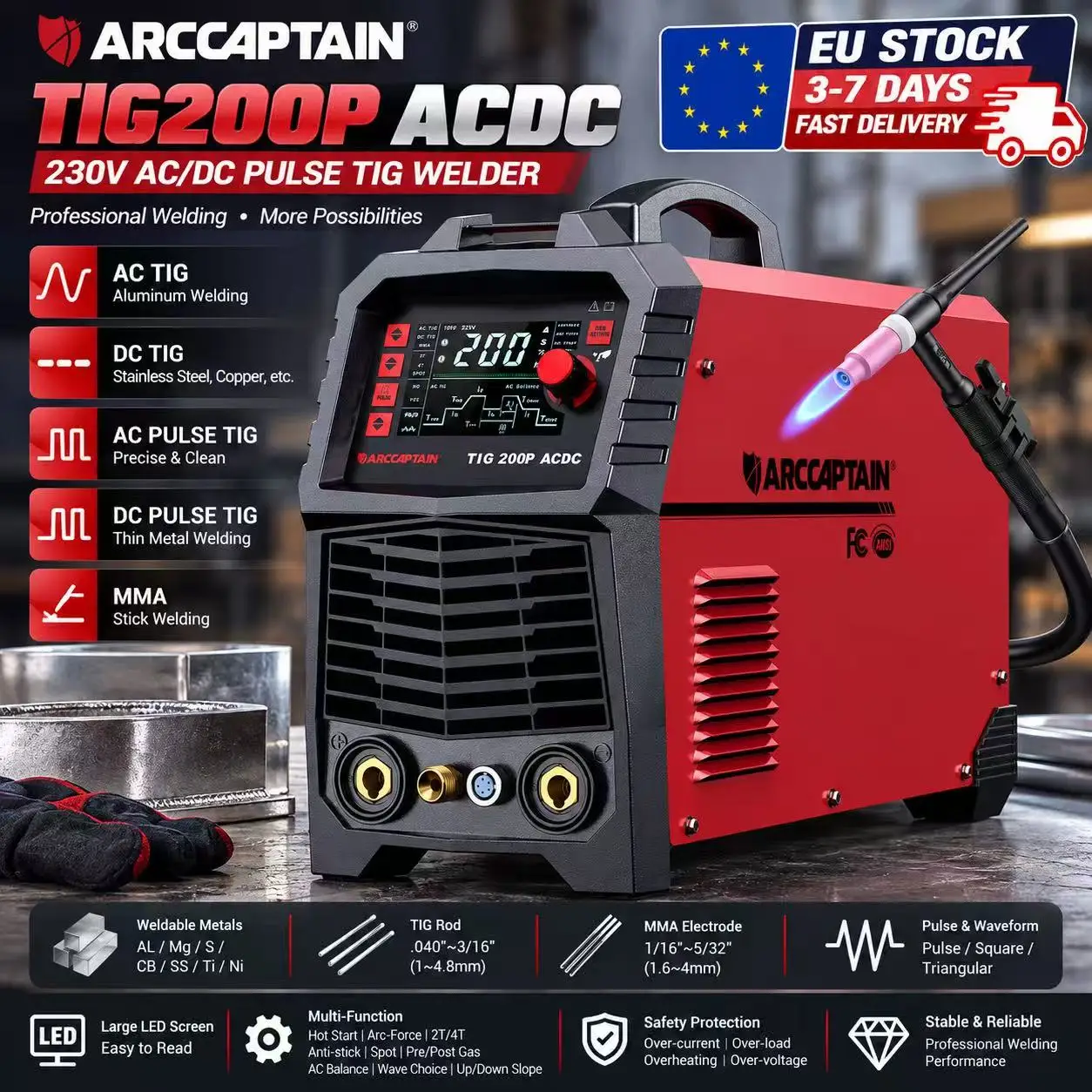 Arccaptain TIG200P ACDC 230V European Standard TIG Welding Machine 200A ...