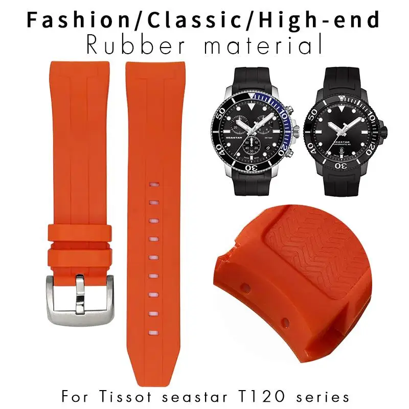 PCAVO 21mm 22mm Rubber Watchband for Tissot T120 Seastar T120407 T120417 Orange Black Waterproof Sports Diveing Watch Strap