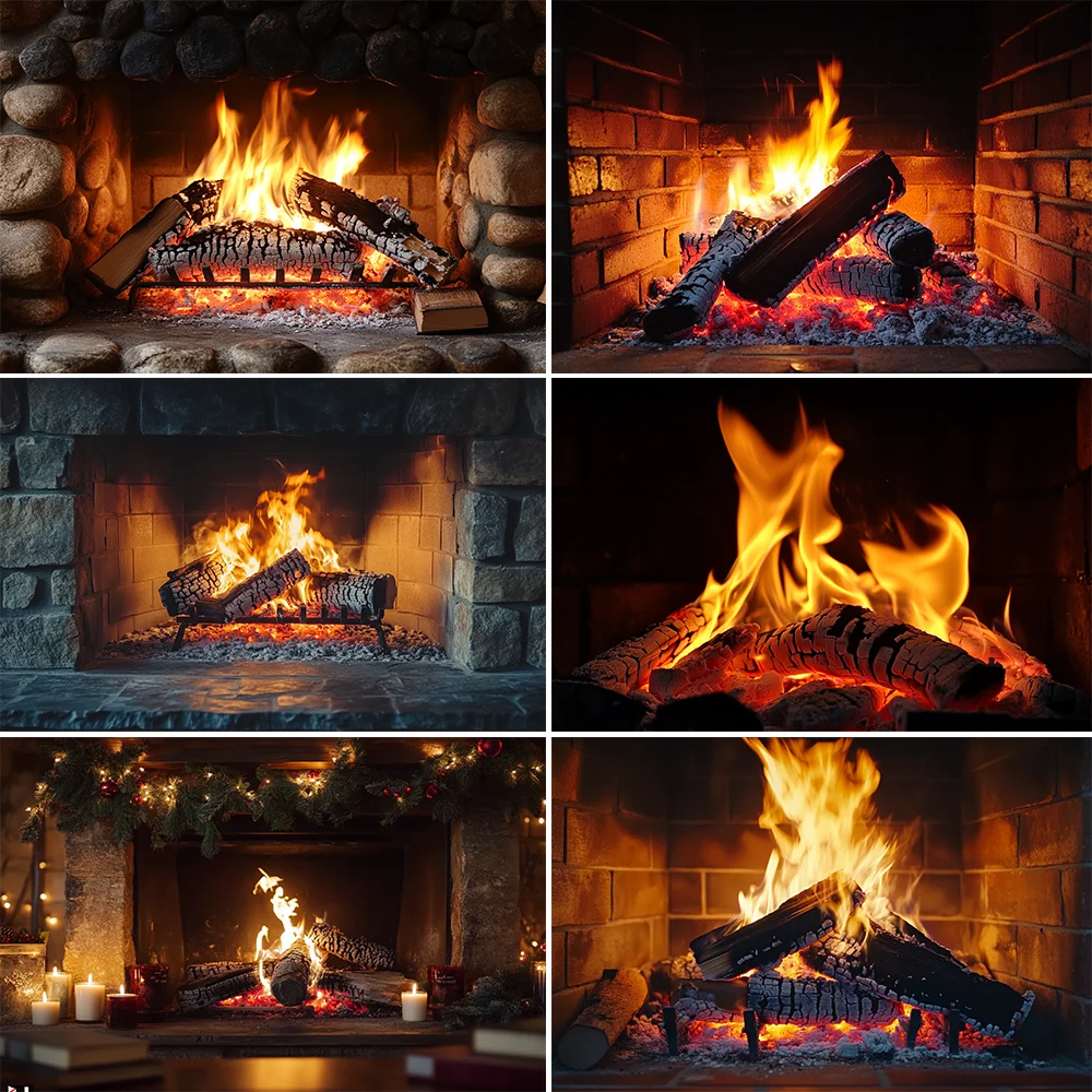 

Fireplace Fire Flame Background Winter Brick Wall firewood Christmas Backdrop Decoration Customize Photography Studio Props