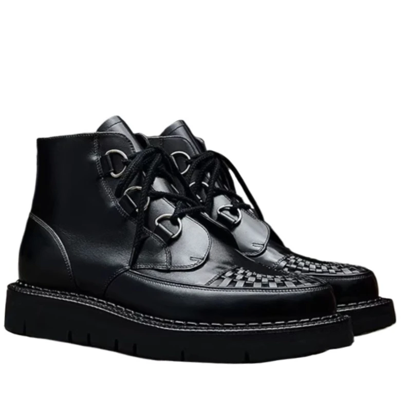 Rock Style Round Toe Derby Shoes for Men's German Retro Calf Leather Woven Hand Sewn Thick Sole Customized High-top Casual Shoes