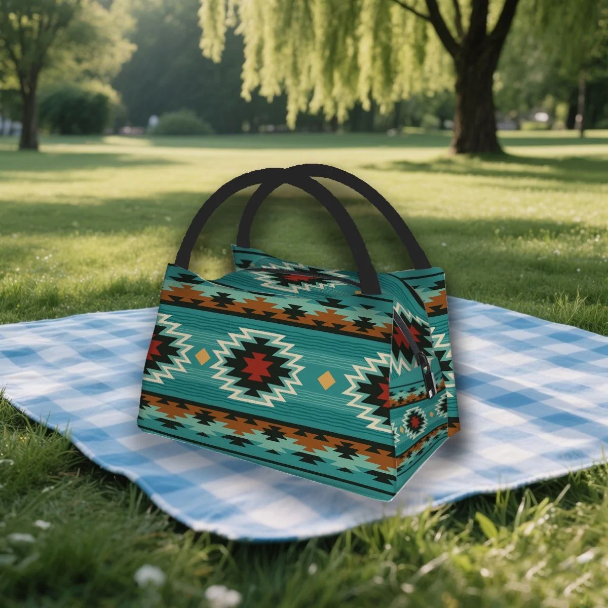 

Vibrant Southwestern Design Lunch Bag - Reusable Insulated Bento Box Cooler with Thermal Seal Zipper, Durable Oxford Fabric