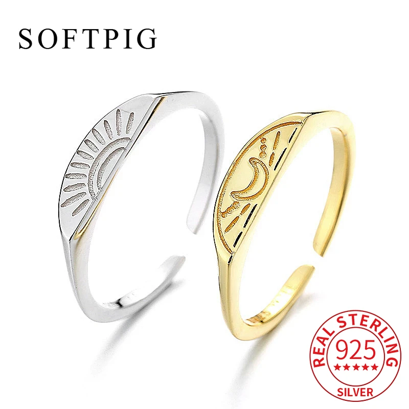 SOFTPIG Plata de Ley 925 auténtica estilo INS anillo ajustable para parejas para mujeres joyería fina bonita accesorios minimalistas de sol y Luna