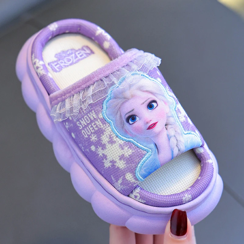 Children\'s Linen Slippers in All Seasons Disney Frozen Girls Princess Slippers Anti-Slip Baby Sandals Comfy Home Shoes for Kids