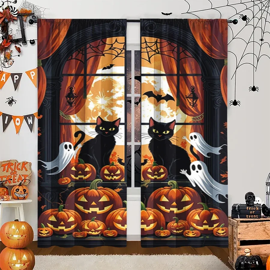 Spooky Halloween Curtain Black Cats Ghosts Pumpkins Scary Fall Window Drapes for Party Decor