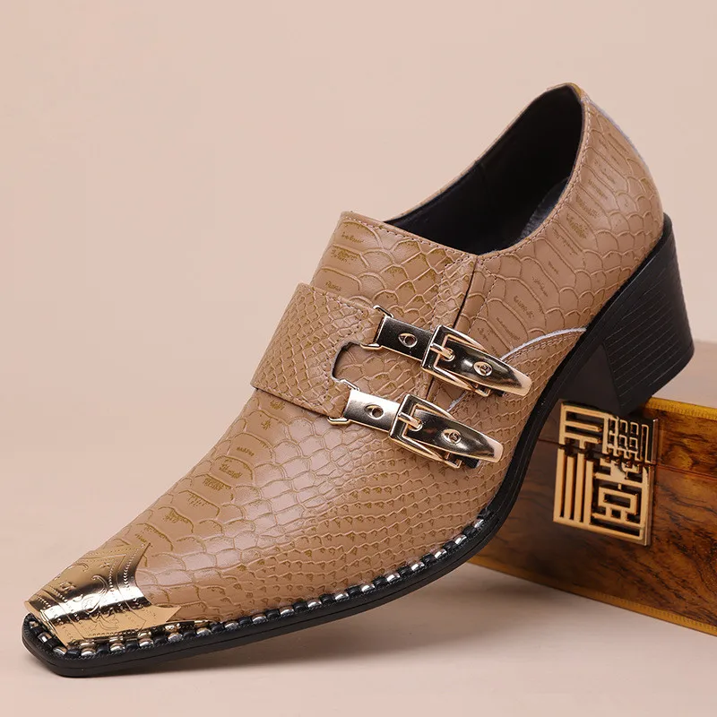 Designer Men's Slip-On Derby Shoes Black New Luxury Pu Snake Leather Pointed Toe Business Dress Shoes Trendy Party Wedding Shoe