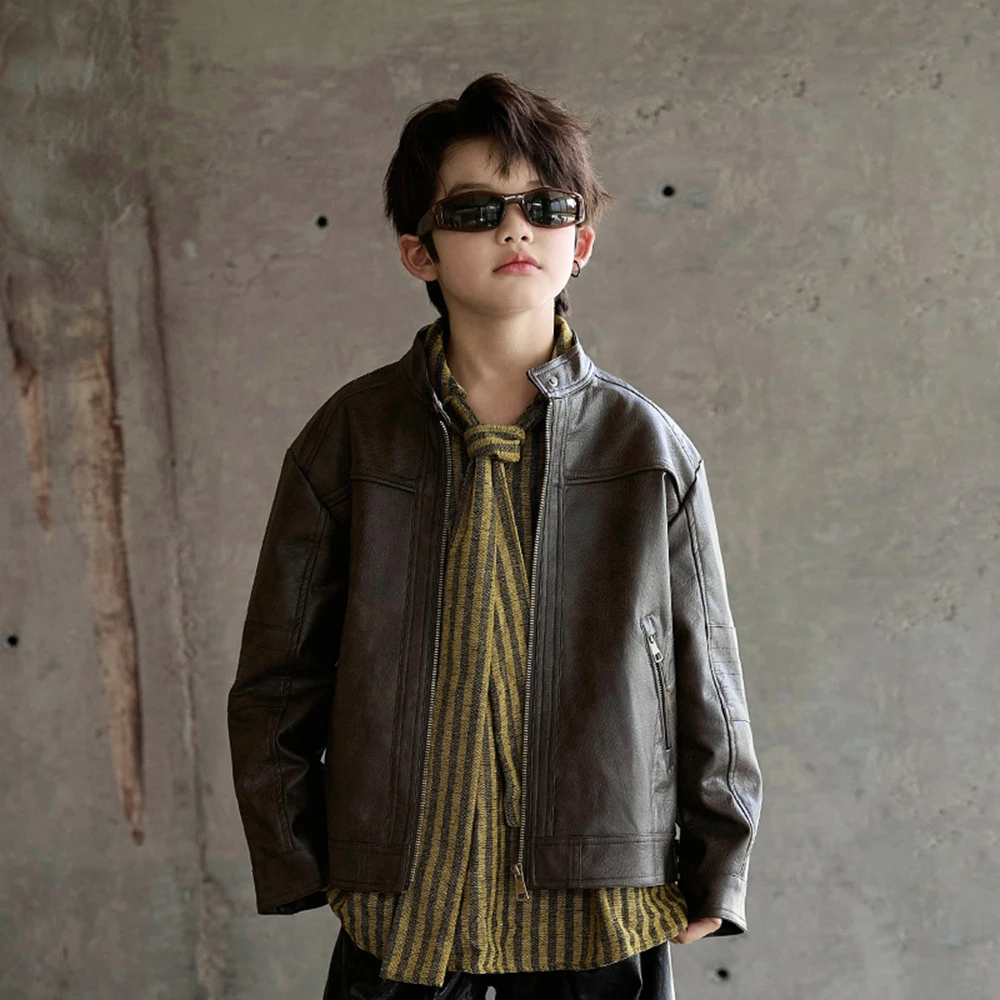 Kids Motorcycle PU Leather Jacket Waterproof Windproof Boys Girls Christmas New Year Street Photography Wear